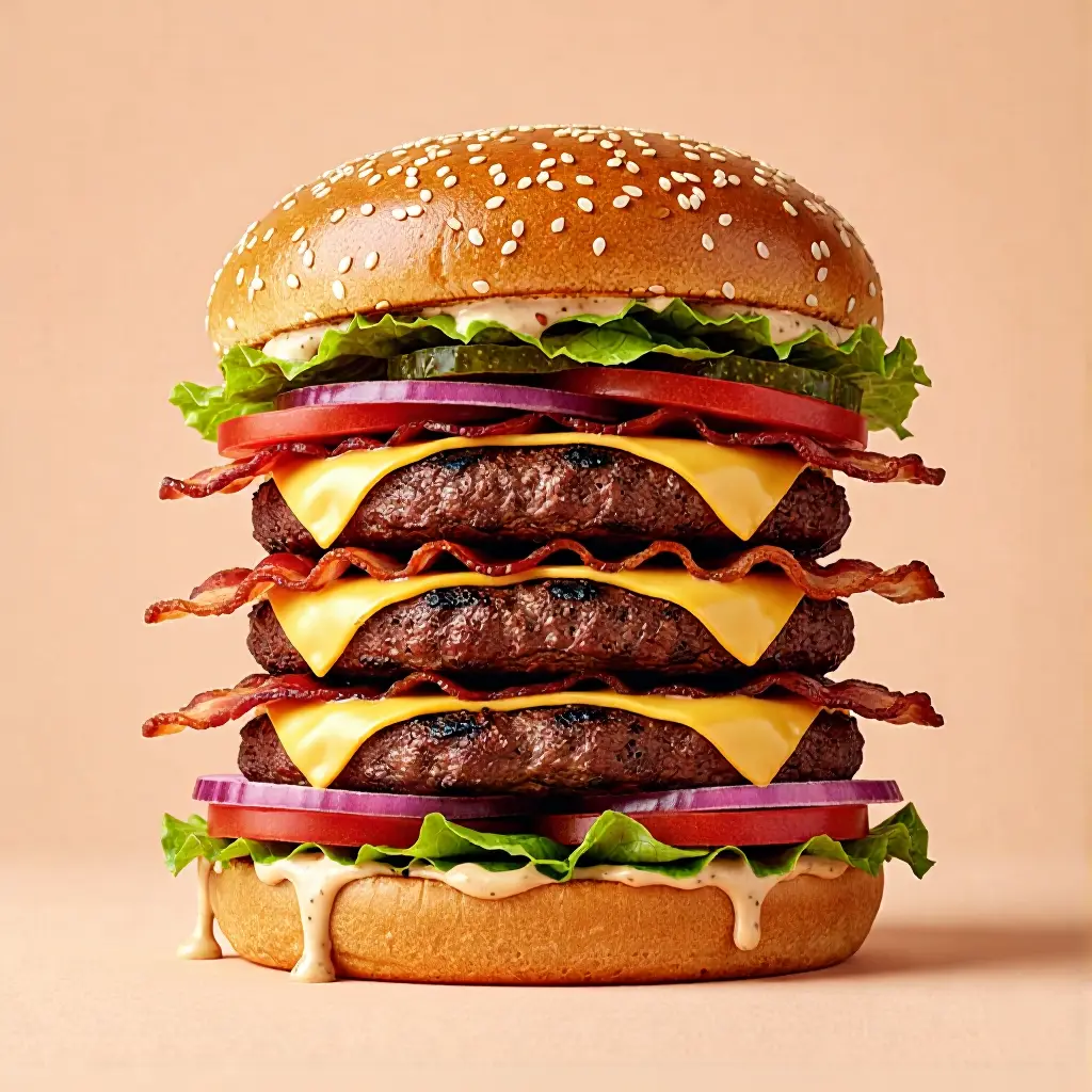 Three stacked patties, layers of cheese, and a load of flavor in every bite.