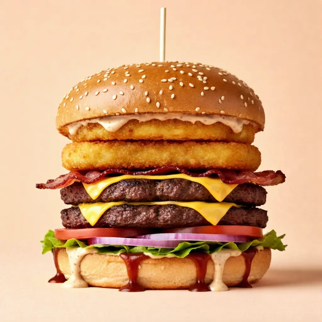 A heavy-duty burger piled with cheese, chicken, and rich sauces for the ultimate feast.