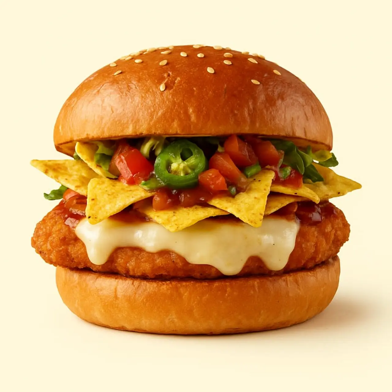 Crunchy chicken fillet layered with nachos, melted cheese, and salsa for a Tex-Mex bite.