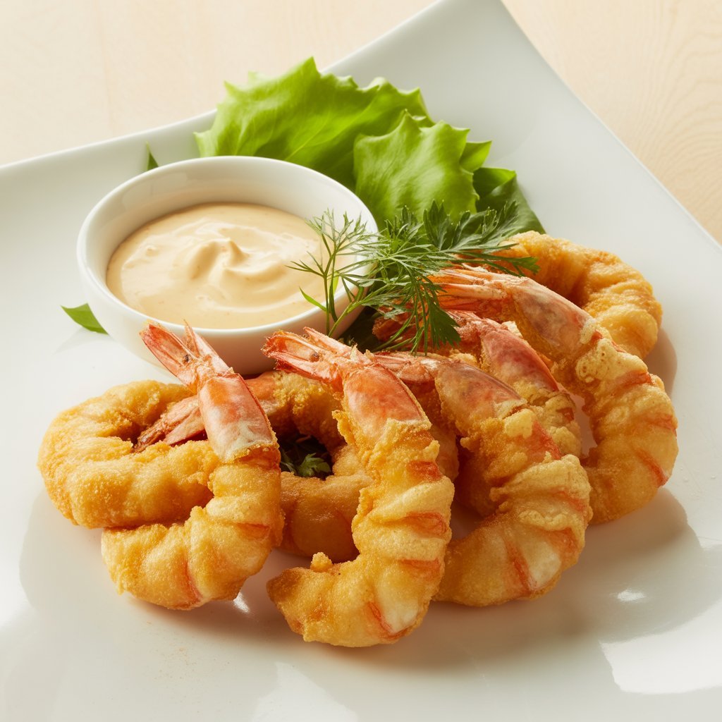 Golden fried prawns with dipping sauce.