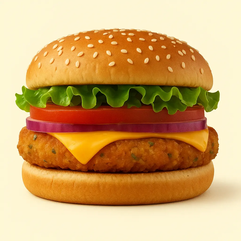 Golden veggie patty stacked with cheese, tomato, lettuce, and a hint of mayo for a light, tasty treat.