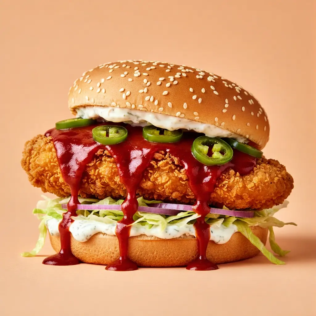 Crispy fried chicken smothered in hot dipping sauce and creamy mayo.