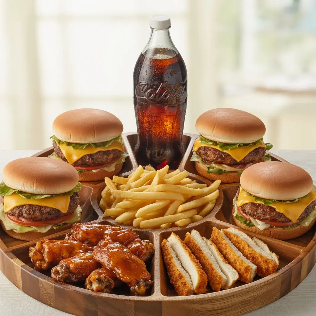 Family-sized pack of burgers, fries, and drinks to share.