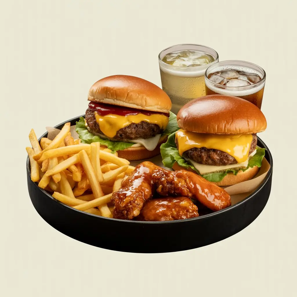 Double up with two burgers, fries, and drinks.