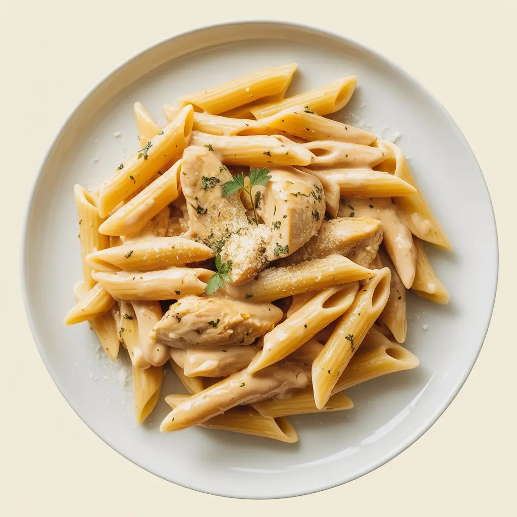 Cheesy, creamy pasta loaded with chicken chunks.