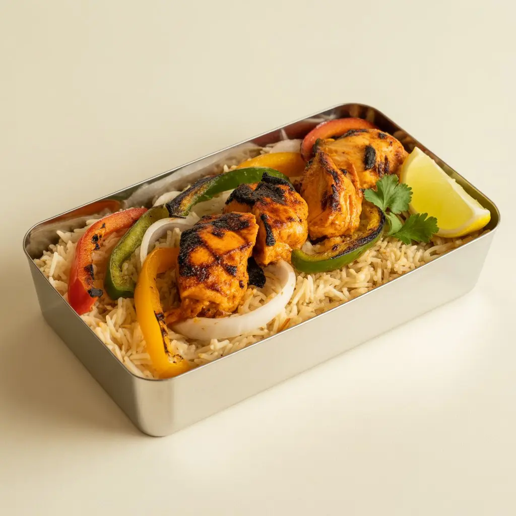 Fluffy rice with juicy tikka chicken and sauce.