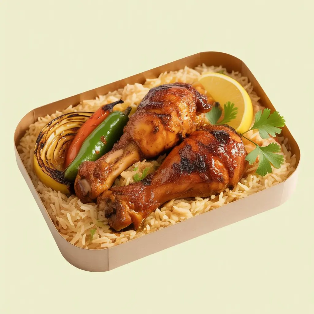 Fried drumsticks with spiced rice and house sauce.