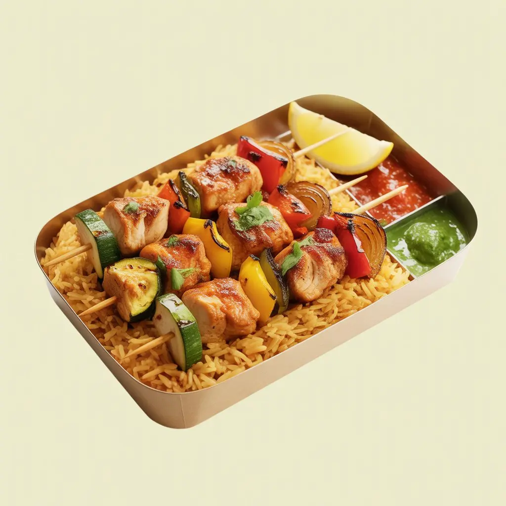 Grilled skewers served over flavorful rice.
