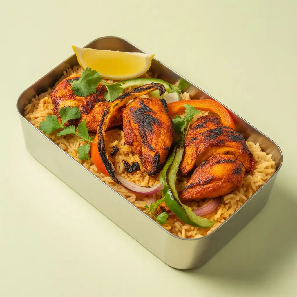 Spicy tandoori chicken with aromatic rice.