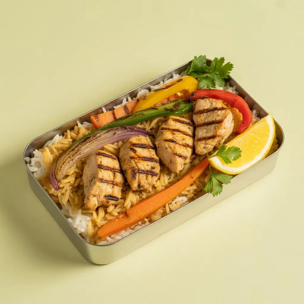 Chargrilled chicken sheesh over seasoned rice.