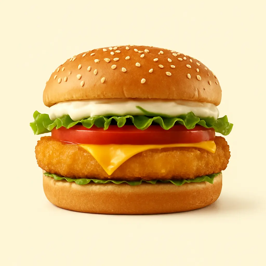 Crispy battered fish fillet, fresh lettuce, tomato, and tartar sauce in a toasted bun.
