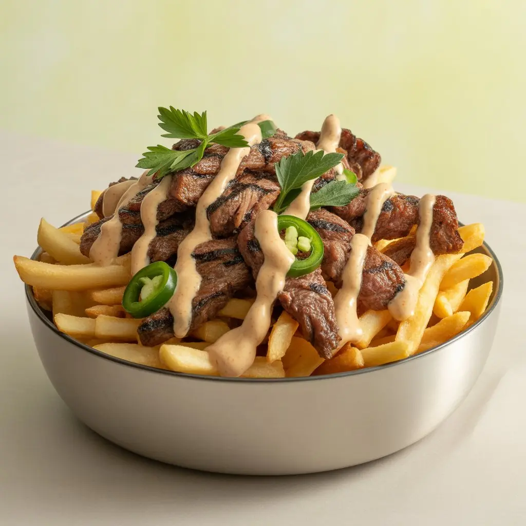 Loaded fries topped with minced beef sheesh.