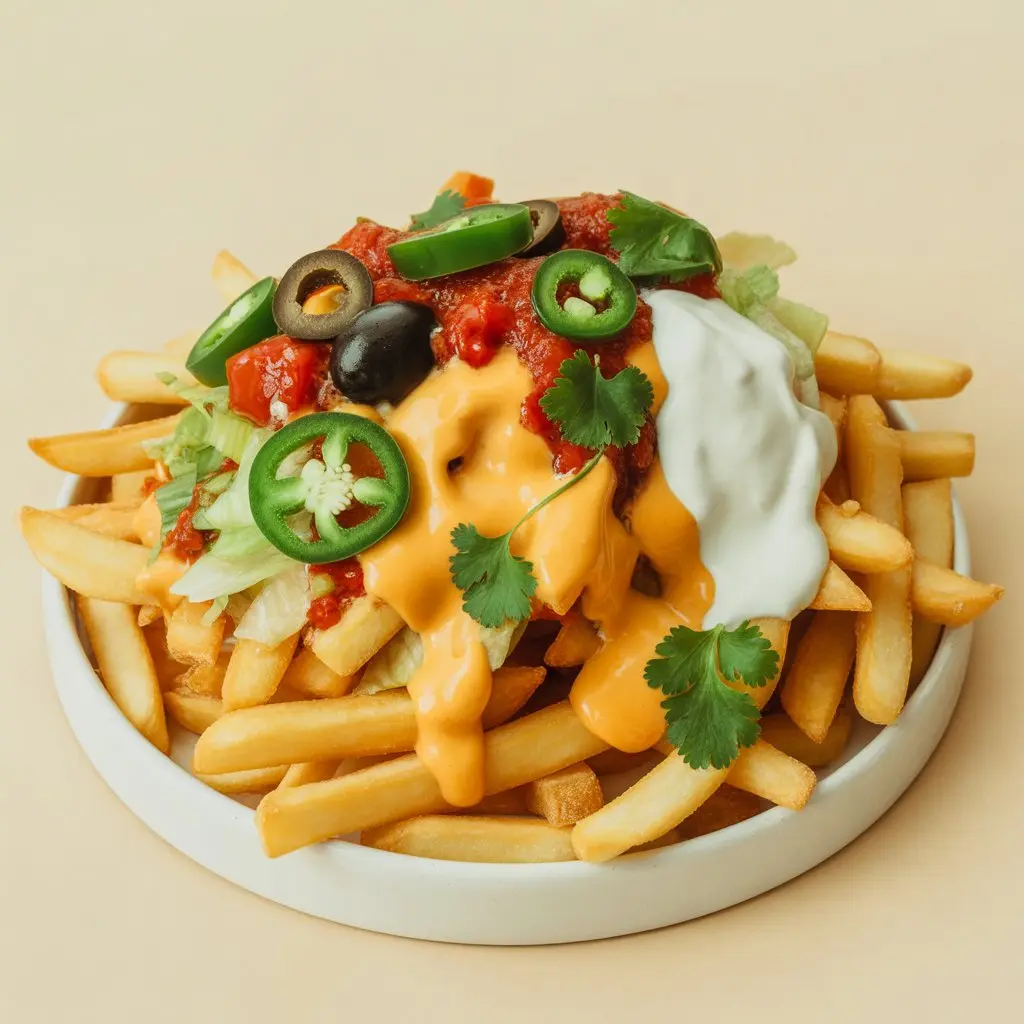 Fries topped with nachos, salsa, and cheese.