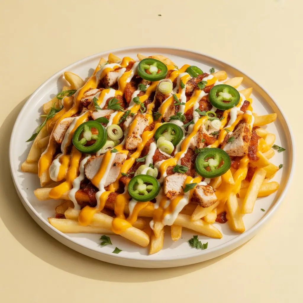 Fully loaded fries with cheese, sauce, and toppings.
