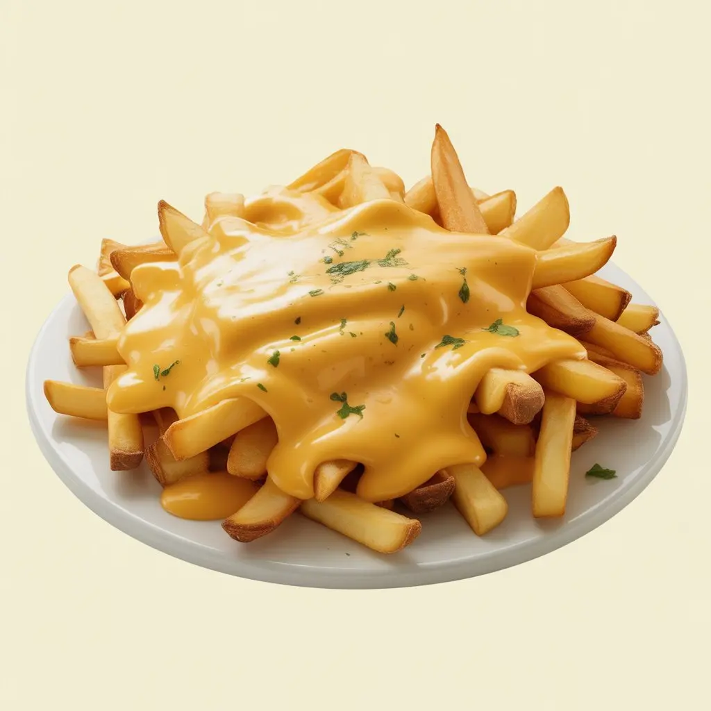 Fries covered in gooey cheese sauce.