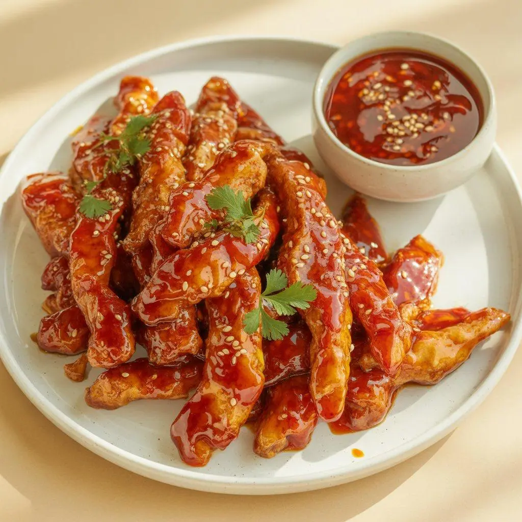 Crispy strips tossed in sweet chilli glaze.