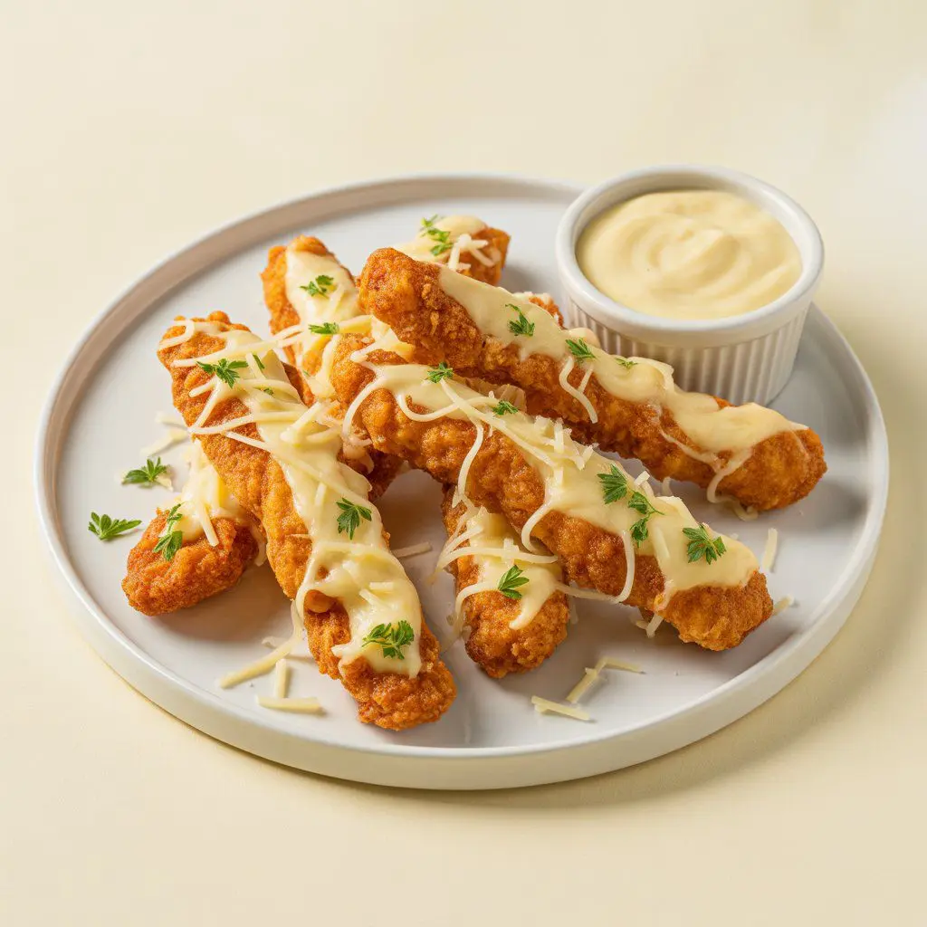 Crispy strips topped with warm, melted cheese.