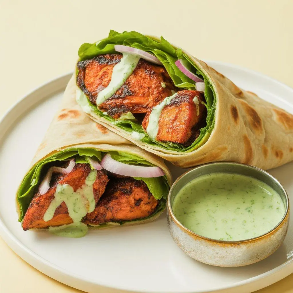 Grilled tikka chicken wrapped with salad and mint sauce.