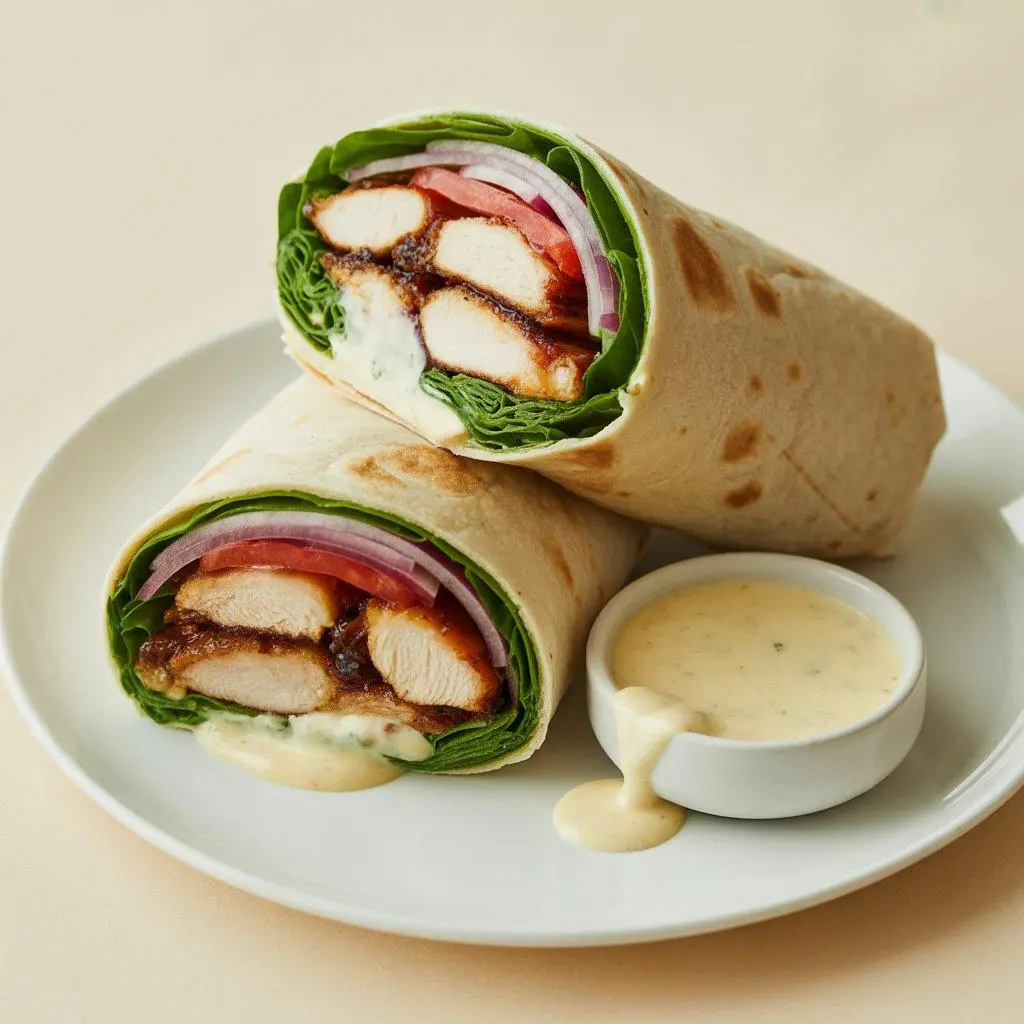 Crispy chicken fillet with mayo and lettuce in a warm wrap.